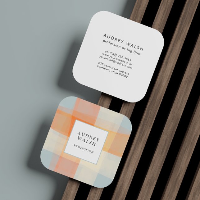 Carte De Visite Carré Aquarelle Plaid Orange Crème Bleu professionnel (Créateur téléchargé)