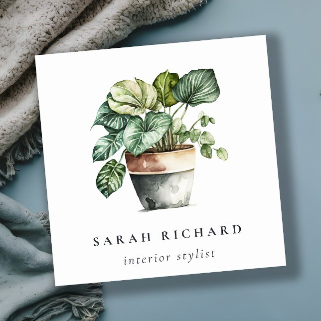 Carte De Visite Carré Aquarelle Plante de la Maison verte Poted Botaniqu (Créateur téléchargé)