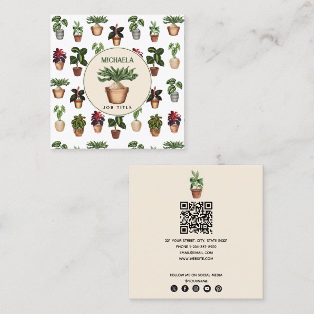 Carte De Visite Carré Aquarelle Plante en pointillé Accueil Mise en scèn (Devant / Derrière)