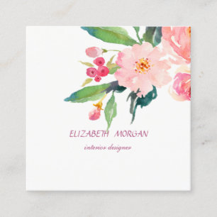 Carte De Visite Carré Aquarelle romantique moderne classique Floral, Bla