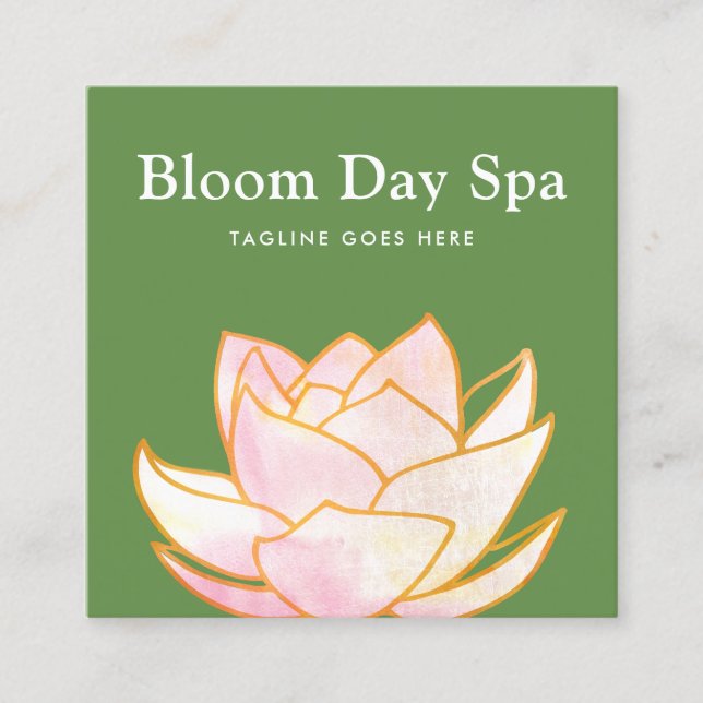 Carte De Visite Carré Aquarelle rose artistique Lotus Fleur vert floral (Devant)