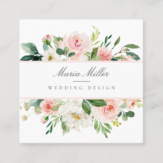Carte De Visite Carré Aquarelle rose blanc vert vert Mariage design (Devant)