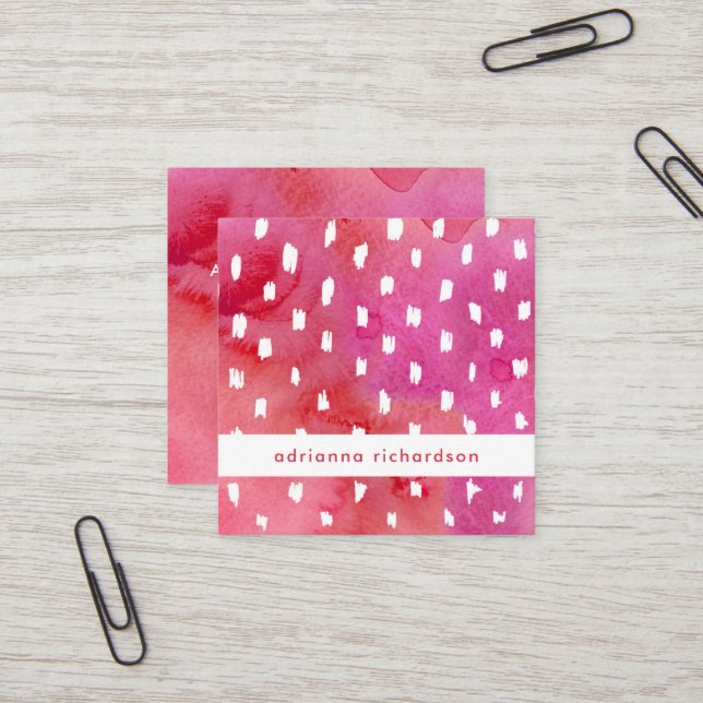 Carte De Visite Carré Aquarelle rose et rouge à la mode avec des points (Devant/Arrière en situation)