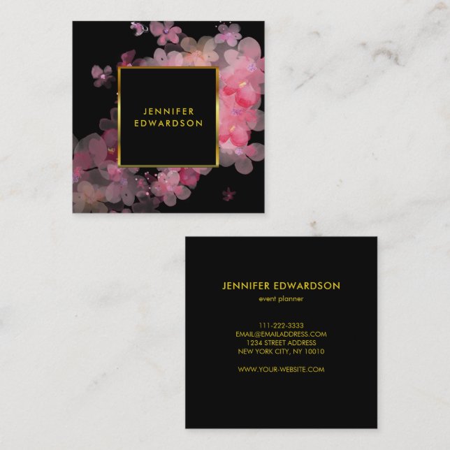 Carte De Visite Carré Aquarelle rose floral noir or professionnel (Devant / Derrière)