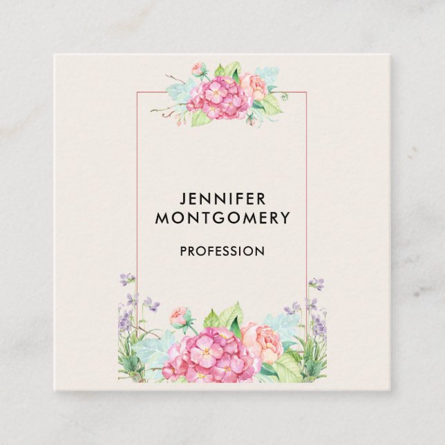 Carte De Visite Carré Aquarelle rose moderne Cadre Floral (Devant)