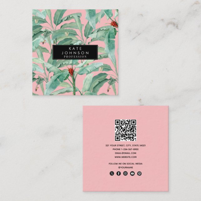 Carte De Visite Carré Aquarelle rose moderne Tropical Banana Palm Feuill (Devant / Derrière)