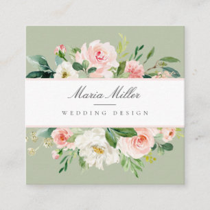 Carte De Visite Carré Aquarelle rose printemps vert Mariage