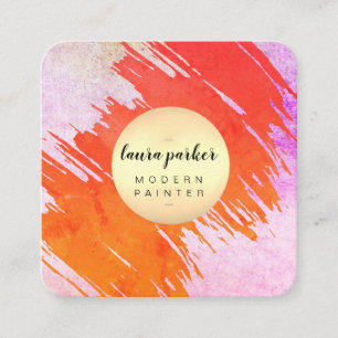Carte De Visite Carré Aquarelle rouge orange Artiste peintre Abstrait ré