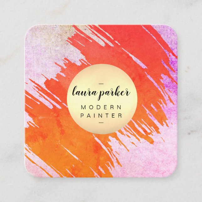 Carte De Visite Carré Aquarelle rouge orange Artiste peintre Abstrait ré (Devant)