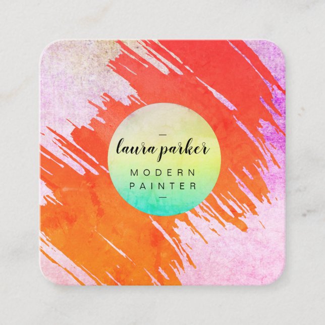 Carte De Visite Carré Aquarelle rouge orange Artiste peintre Abstrait ré (Devant)