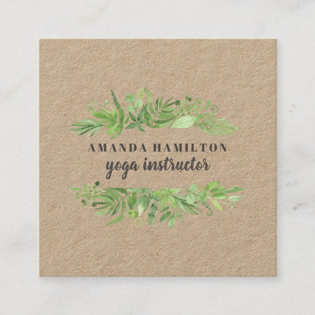 Carte De Visite Carré Aquarelle RUSTIQUE moderne feuillage vert de prair (Devant)