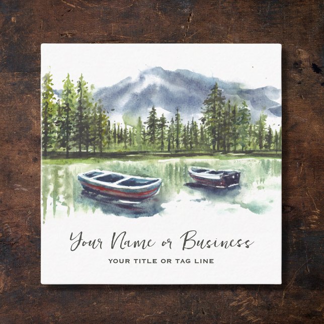 Carte De Visite Carré Aquarelle Rustique Mountain Lake avec Bateaux (Front - Watercolor Rustic Mountain Lake with Boats Square Business Card)
