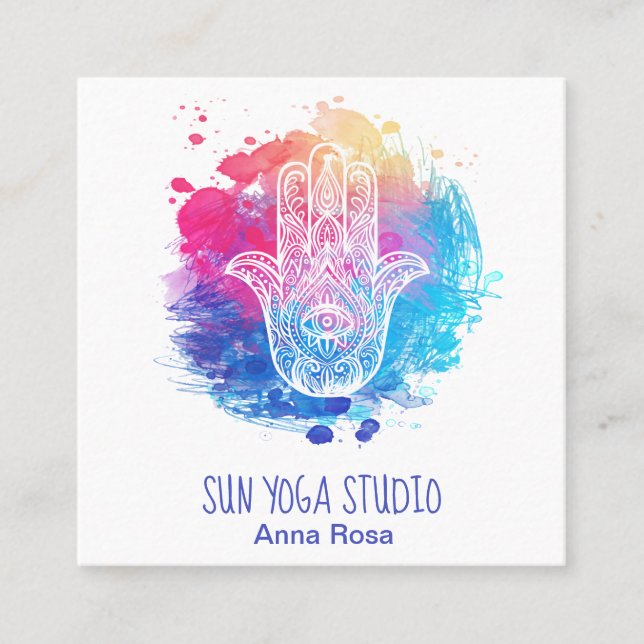 Carte De Visite Carré Aquarelle sacrée de yoga d'oeil de main de Hamsa (Devant)