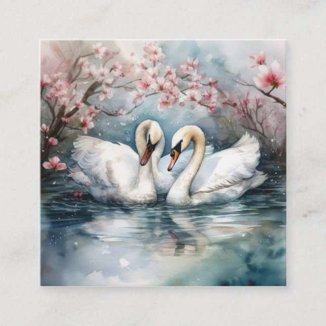 Carte De Visite Carré Aquarelle Swan Couple (Devant)