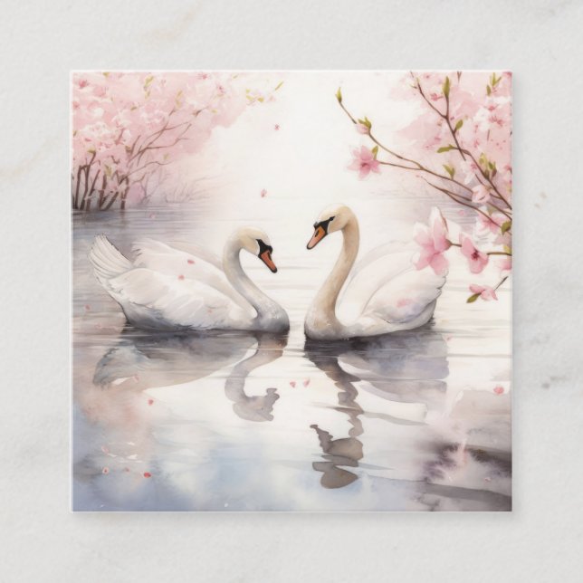 Carte De Visite Carré Aquarelle Swan Couple (Devant)