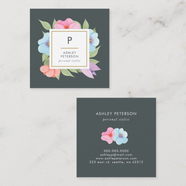 Carte De Visite Carré Aquarelle tendance Aquarelle rose or Fleurs Monogr (Devant / Derrière)