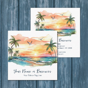 Carte De Visite Carré Aquarelle Tropical Palm Tree Beach Sunset