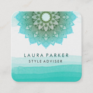 Carte De Visite Carré Aquarelle Turquoise bleue Lotus Floral Mandala Yog