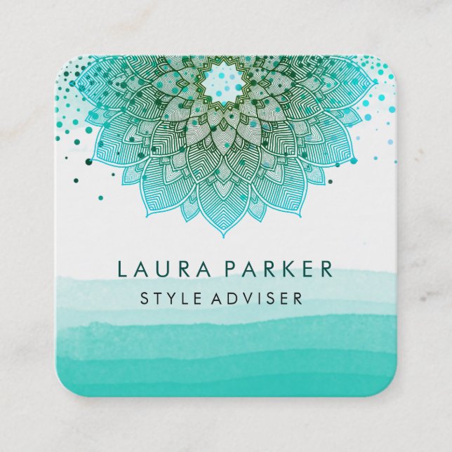 Carte De Visite Carré Aquarelle turquoise Turquoise Lotus Mandala Yoga (Devant)