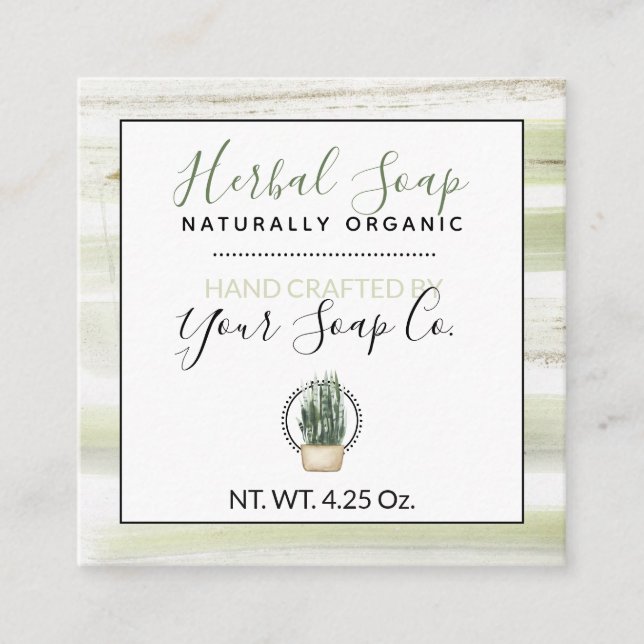 Carte De Visite Carré Aquarelle Verts + Plante (Sur mesure) #Étiquettes  (Devant)