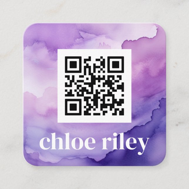 Carte De Visite Carré Aquarelle violette du code QR minimal (Devant)