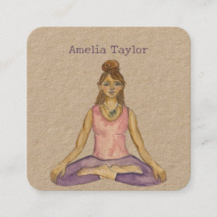 Carte De Visite Carré Aquarelle Yoga Enseignante fille en Lotus Pose