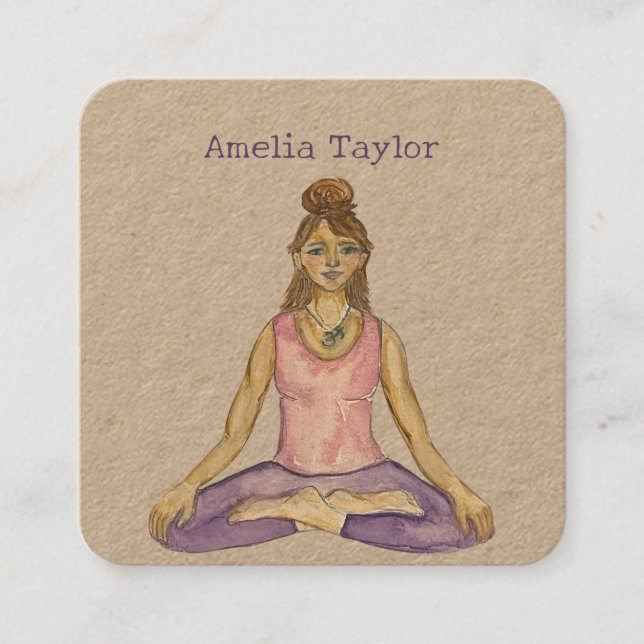 Carte De Visite Carré Aquarelle Yoga Enseignante fille en Lotus Pose (Devant)