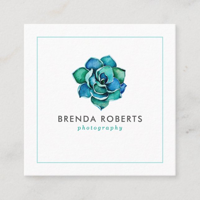 Carte De Visite Carré Aquarelles Couronne de cactus bleu vert (Devant)