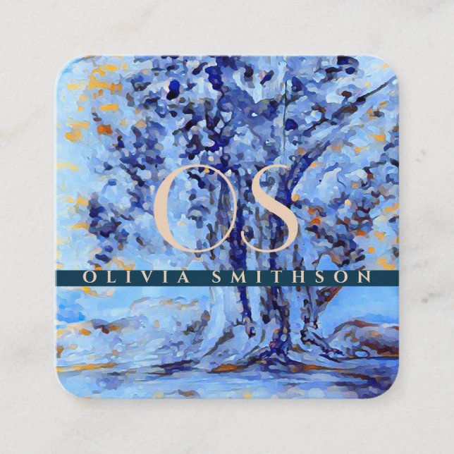 Carte De Visite Carré Arbre artistique professionnel Monogrammé QR (Devant)