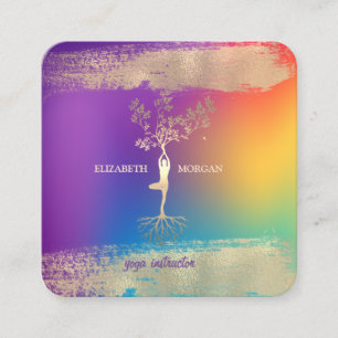 Carte De Visite Carré Arbre Silhouette Or Coup de Pinceau Ombre Holograp