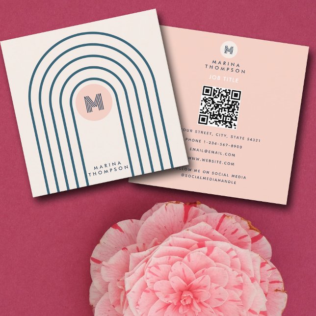Carte De Visite Carré Arcs de lignes géométriques Abstraites Pastel Retr (Pastel Retro Abstract Geometric Lines Arches Square Business Card)