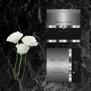 Carte De Visite Carré Argent et noir de luxe avec diamants étincelants