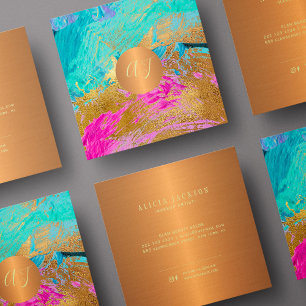 Carte De Visite Carré Art abstrait moderne peinture cuivre or monogramme