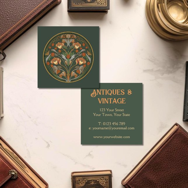 Carte De Visite Carré Art Nouveau Green Cream (Art Nouveau Business Card for antique store, jewellry, vintage or any profession.)