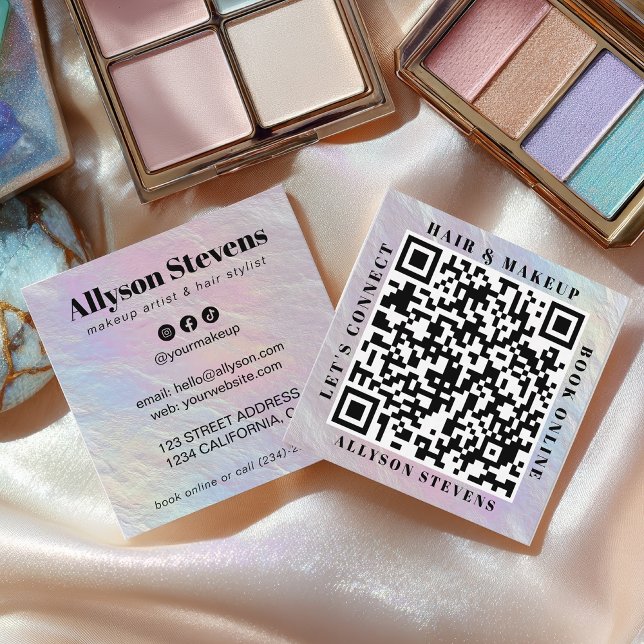 Carte De Visite Carré Artiste de coiffure maquillage Code QR Perle Opale (Opalescent Pearl QR Code Hair Makeup Artist Square Business Card)