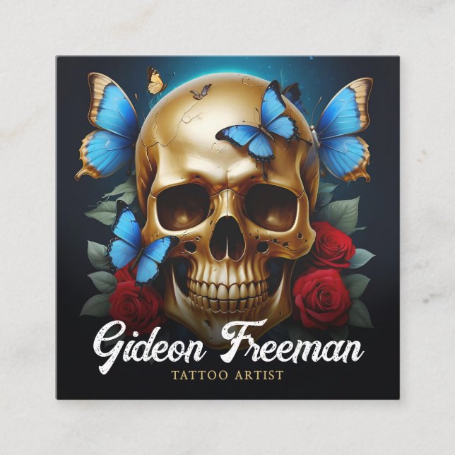 Carte De Visite Carré Artiste de tatouage de papillon Gold unique (Devant)