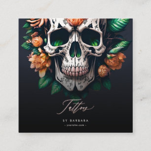 Carte De Visite Carré Artiste de tatouage moderne Roses rouges Crâne ver