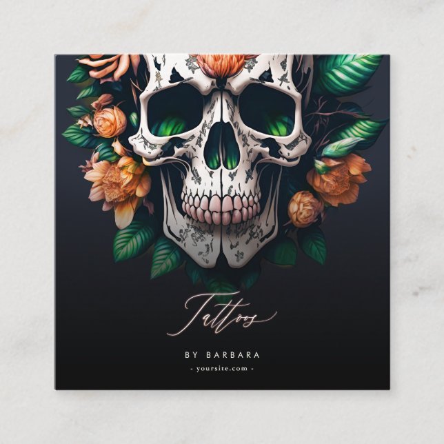 Carte De Visite Carré Artiste de tatouage moderne Roses rouges Crâne ver (Devant)
