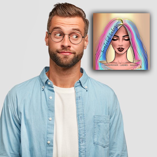 Carte De Visite Carré Artiste maquillage Eyelash cheveux brune lèvre vis (Makeup Artist Eyelash Hair Brow Lip Face Holograph Square Business Card)