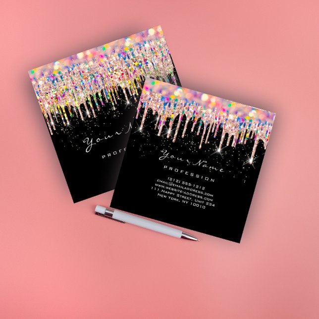 Carte De Visite Carré Artiste maquillage Unicorn noir Holographe Unicorn (Makeup Artist Unicorn Black Holograph Unicorn Blue Square Business Card)