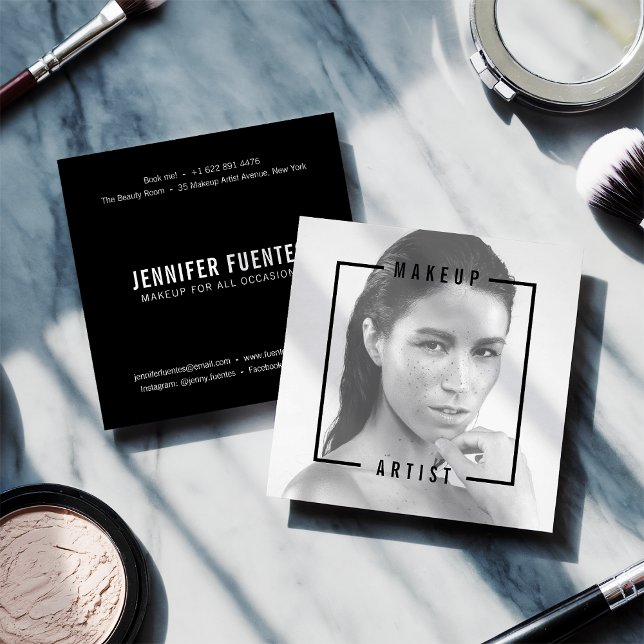 Carte De Visite Carré Artiste maquilleur de typographie noire (Modern photo bold black typography makeup artist)
