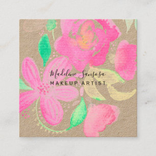 Carte De Visite Carré Artiste Maquilleuse Aquarelle Botanique Fleur Rose