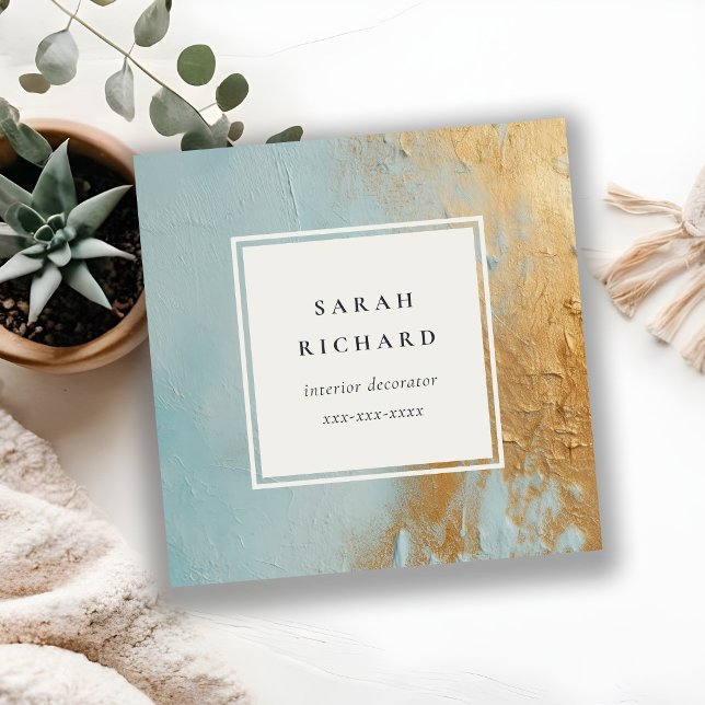 Carte De Visite Carré Artistique Dusky Aqua Blue Gold Paint Texture (Créateur téléchargé)