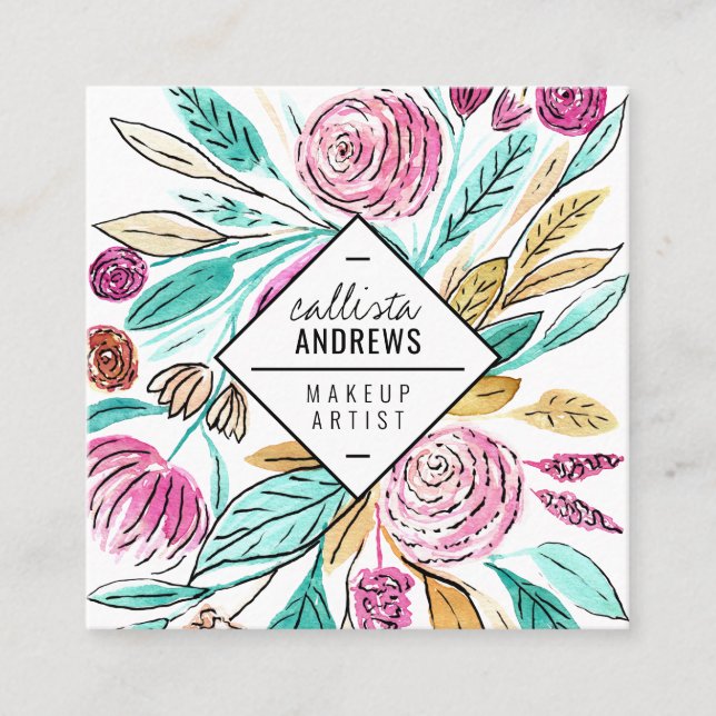 Carte De Visite Carré Artsy Elegant rose Turquoise Aquarelle de maquilla (Devant)