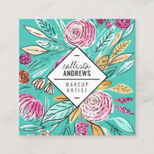 Carte De Visite Carré Artsy Elegant rose Turquoise Aquarelle maquillage 
