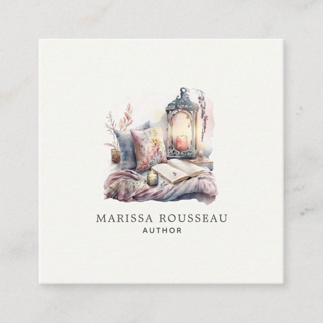 Carte De Visite Carré Auteur Écrivain Cosy Lumière De Bougie Et Livre (Devant)