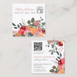 Carte De Visite Carré Automne rétro Boho floral qr code logo maquillage