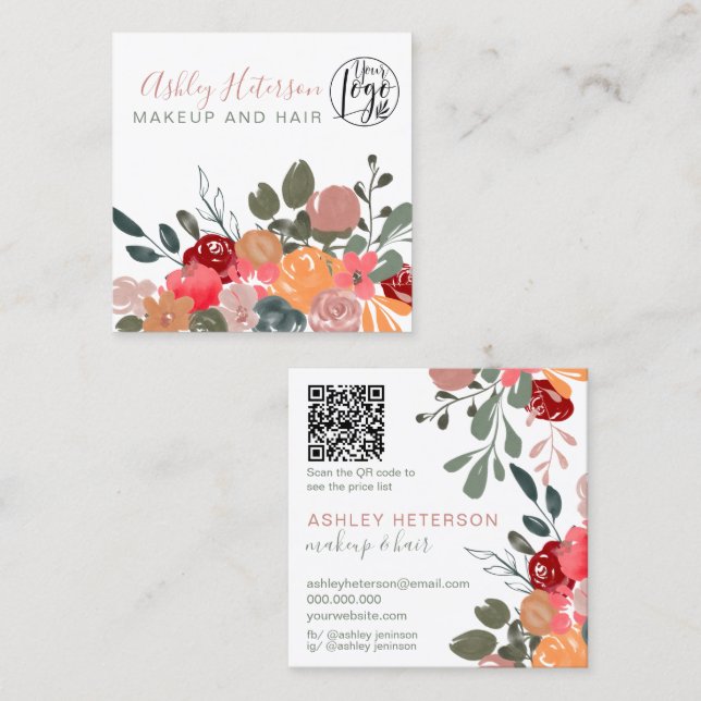 Carte De Visite Carré Automne rétro Boho floral qr code logo maquillage  (Devant / Derrière)