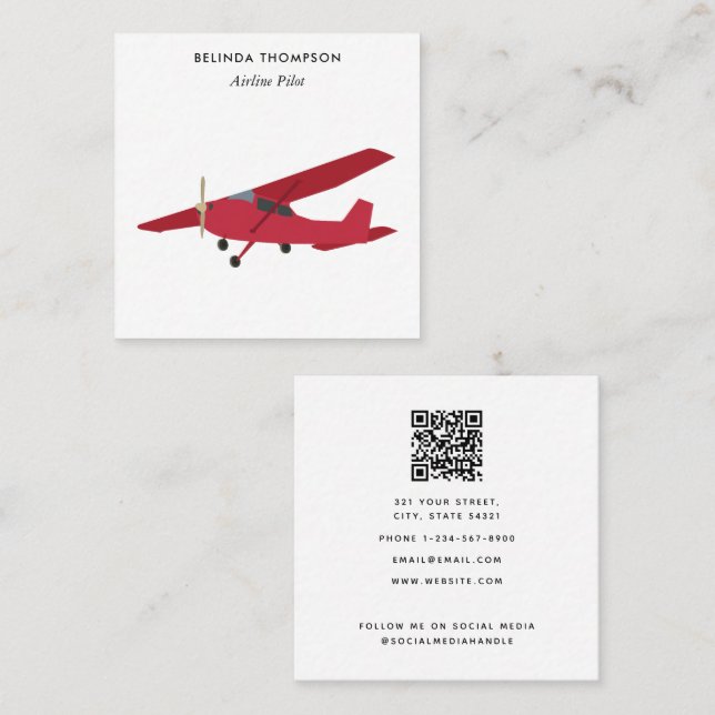 Carte De Visite Carré Avion pilote avion QR Code médias sociaux (Devant / Derrière)