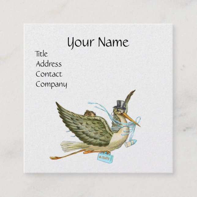 Carte De Visite Carré BABY SHOWER STORK Bleu blanc Pearl papier (Devant)